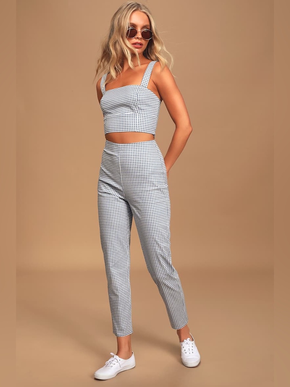 Lulus Follow The Sun Blue Gingham Trouser Pants Size M